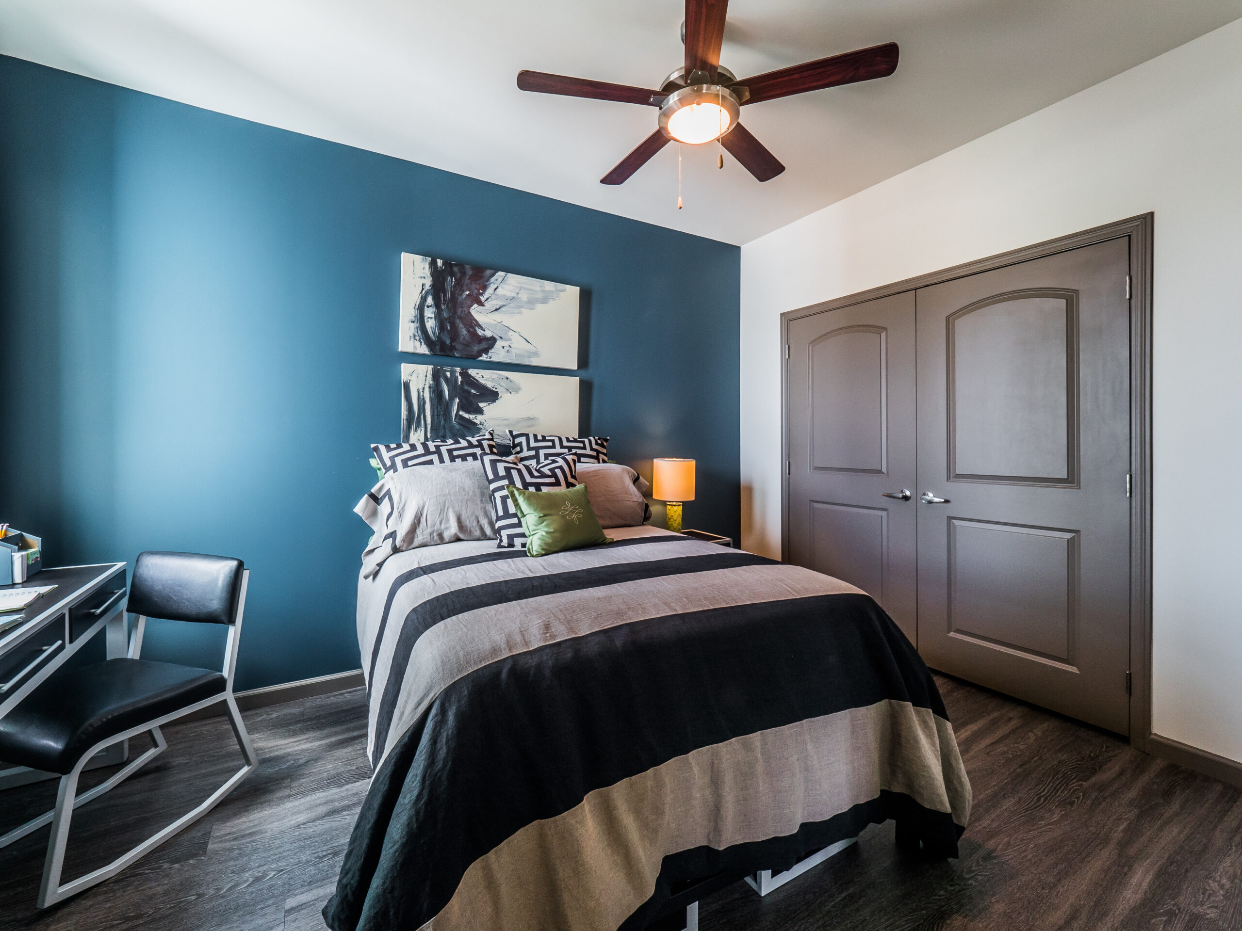 Modern bedroom design at Progress 910, apartments near University of North Carolina in Wilmington