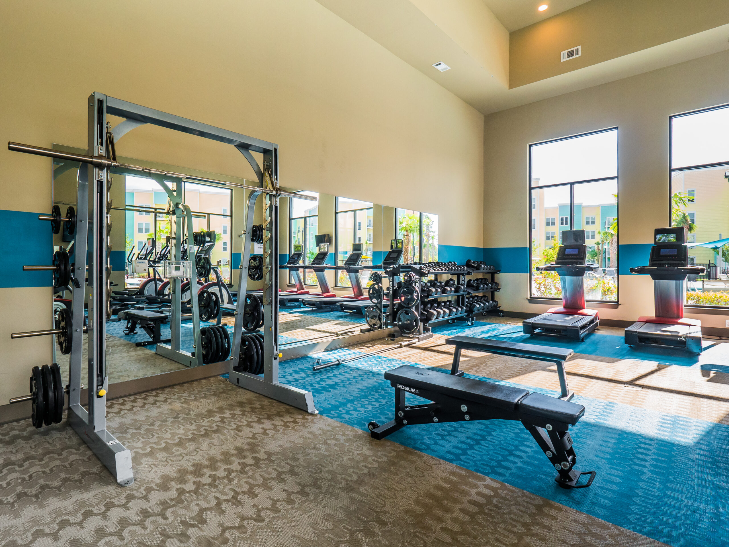 Gym equipment at Progress 910, student apartments in Wilmington, NC